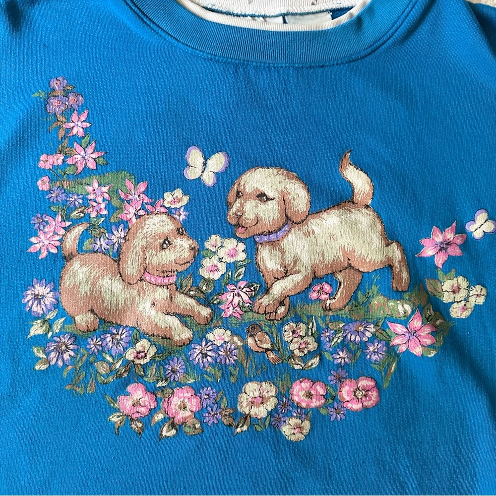 Vintage Dog Sweatshirt Crewneck Womens Medium Blue Puppy Floral Meadow Vtg READ - Picture 8 of 10